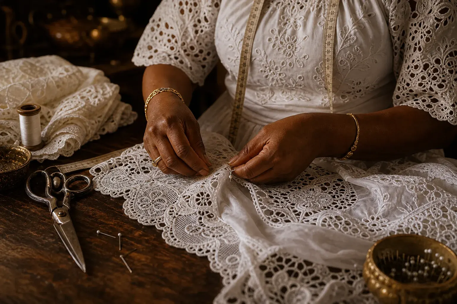 Costureira trabalhando na produção artesanal de roupa de santo